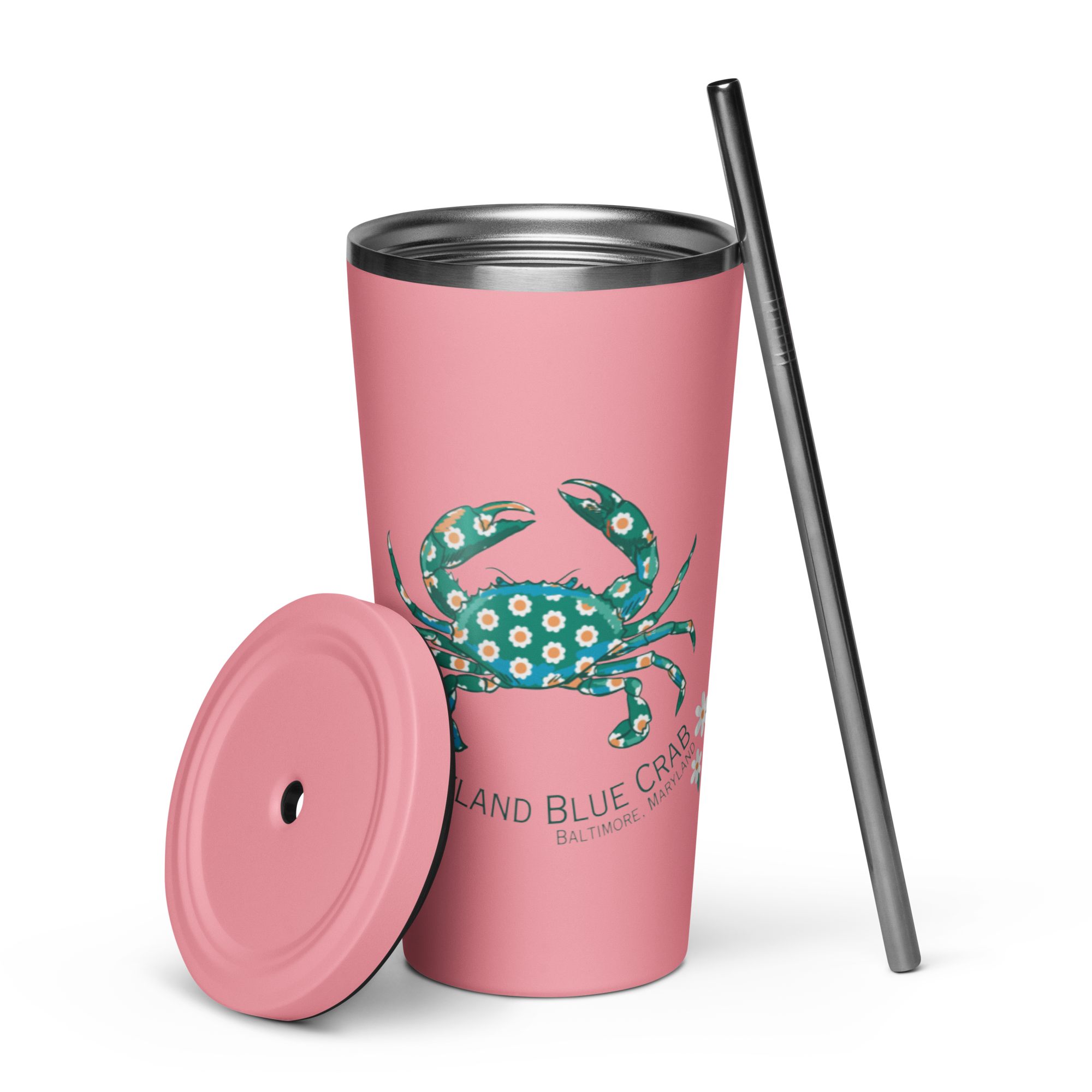 Flowery Crab Insulated tumbler with a straw